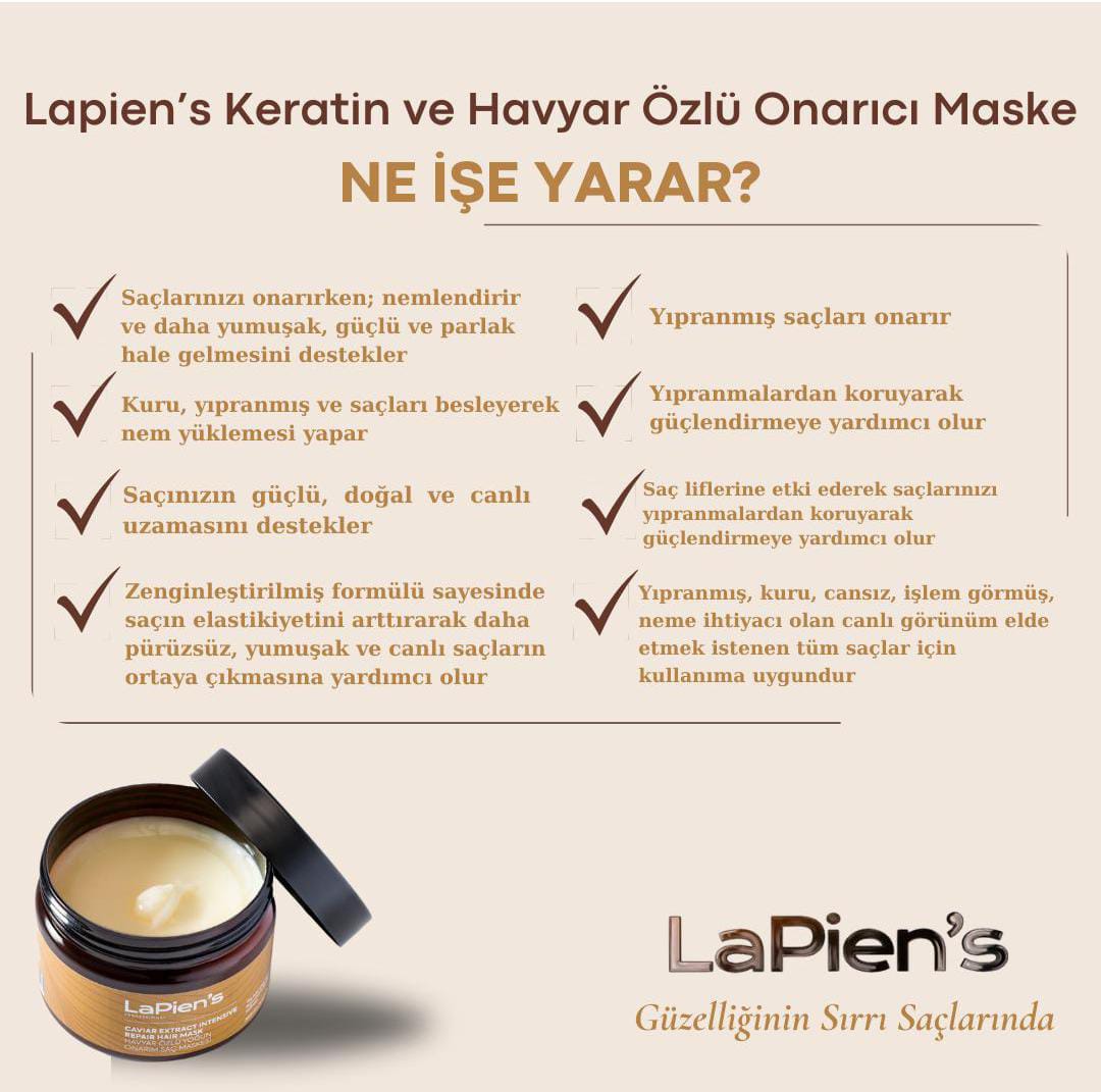 Lapien's Havyar Özlü Keratinli Yoğun Onarıcı Saç Maskesi 300ml Kuru,Yıpranmış,İşlem Görmüş Tüm Saçlar İçin